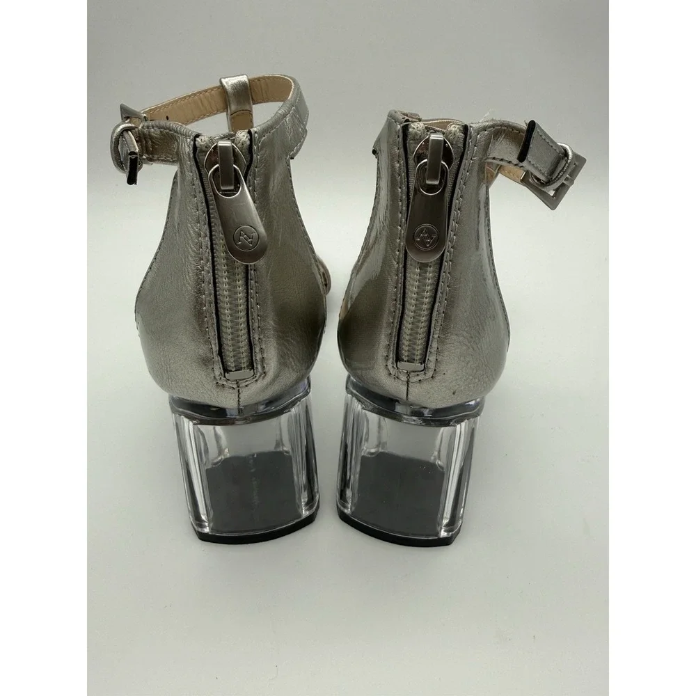 Adrienne‎ Vittadini Aston Silver Clear Block Heel T-Strap Sexy Sandal 8M NEW